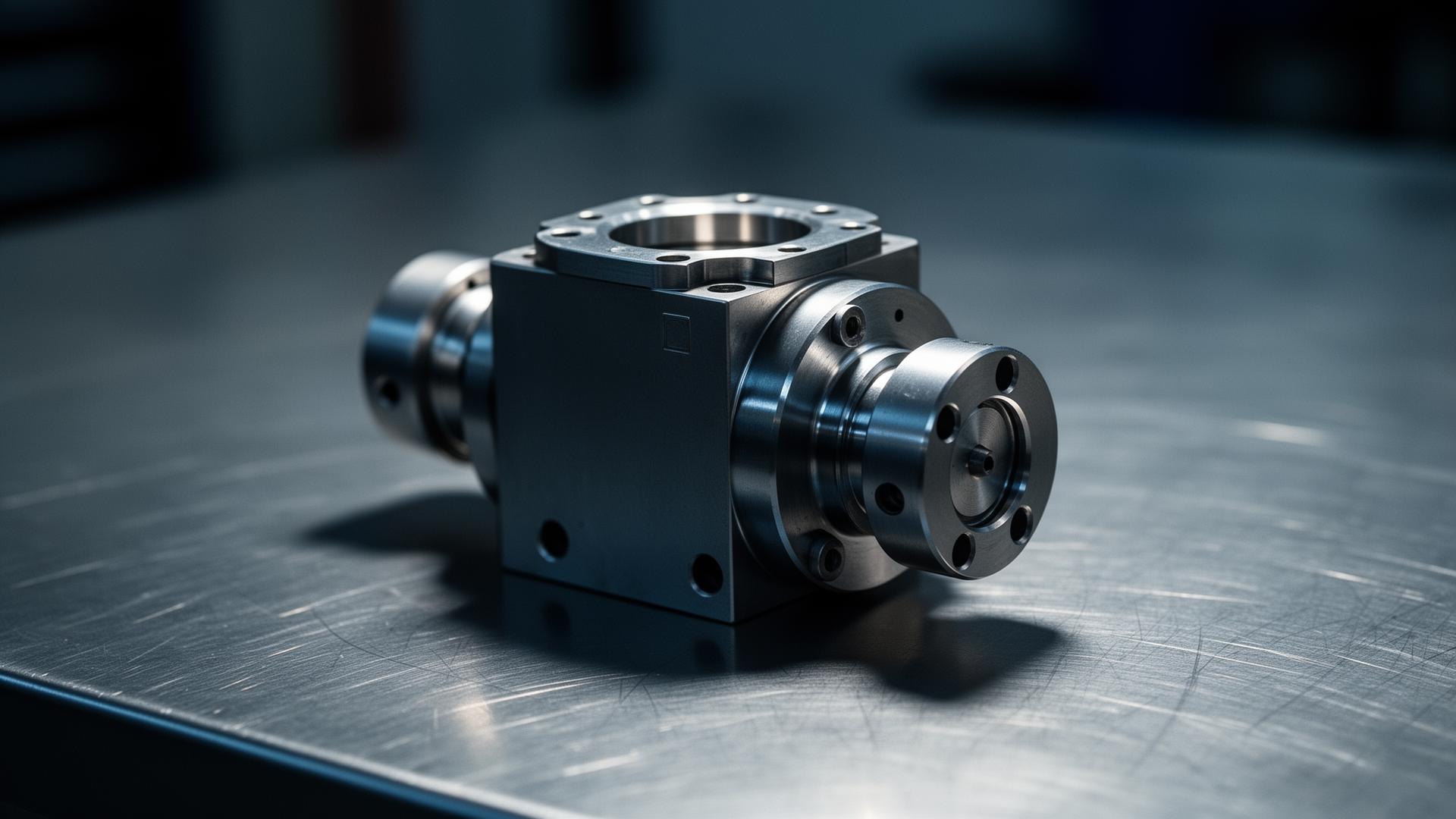 Precision-machined aerospace valve assembly on an industrial inspection table